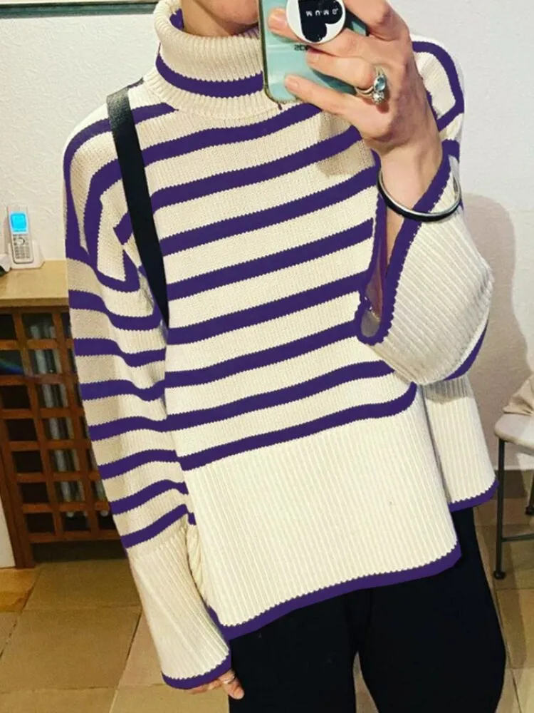 2022 Autumn New Women's High Collar Knitted Sweater Striped Slit Pullover Oversized Sweater Winter Clothes Women Thick Sweaters