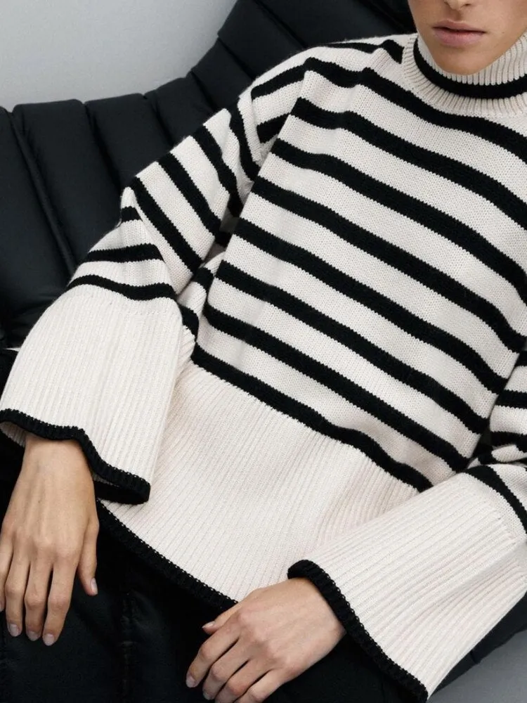 2022 Autumn New Women's High Collar Knitted Sweater Striped Slit Pullover Oversized Sweater Winter Clothes Women Thick Sweaters