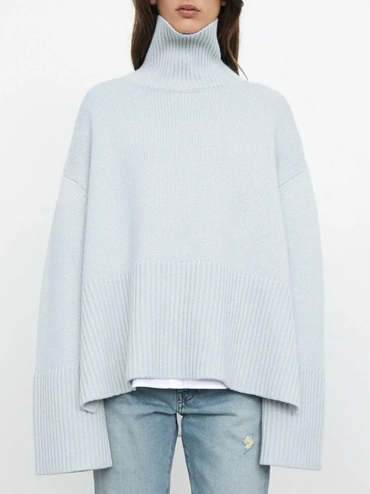 2022 Autumn New Women's High Collar Knitted Sweater Striped Slit Pullover Oversized Sweater Winter Clothes Women Thick Sweaters