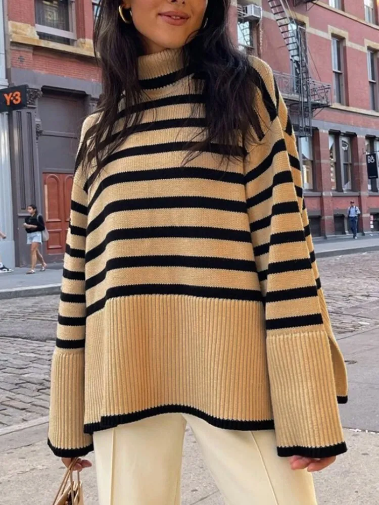 2022 Autumn New Women's High Collar Knitted Sweater Striped Slit Pullover Oversized Sweater Winter Clothes Women Thick Sweaters