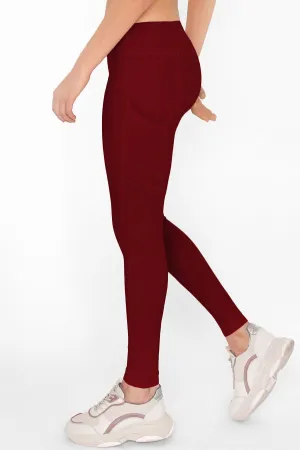 4 for $54 - Maroon Red Cassi Side Pockets Workout Leggings Yoga Pants - Women