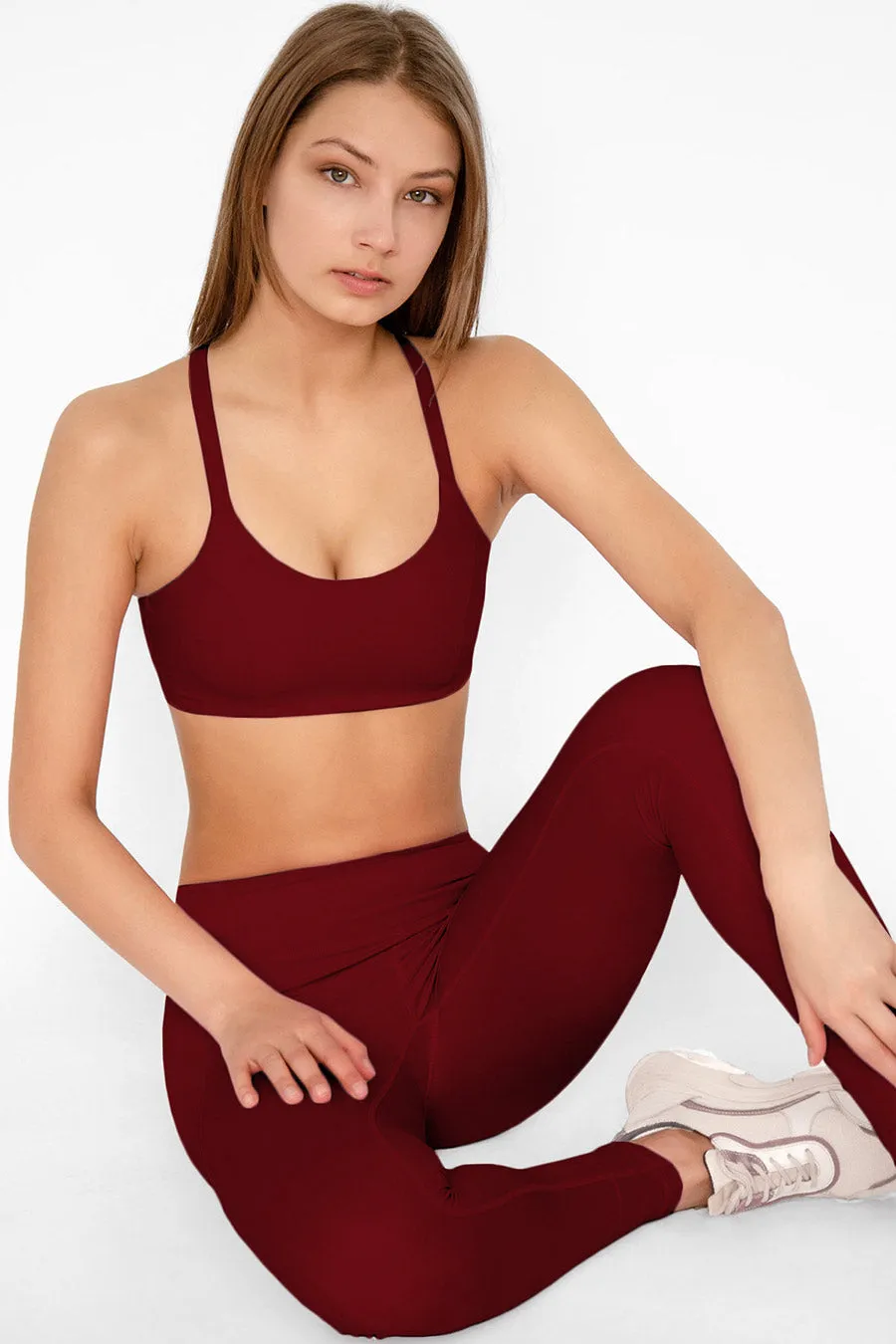 4 for $54 - Maroon Red Cassi Side Pockets Workout Leggings Yoga Pants - Women