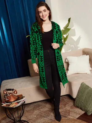 Berrylush Women Green & Black Geometric Printed Hood Neck Drop-Shoulder Sleeves Open-Front Ribbed Hem Longline Cardigan