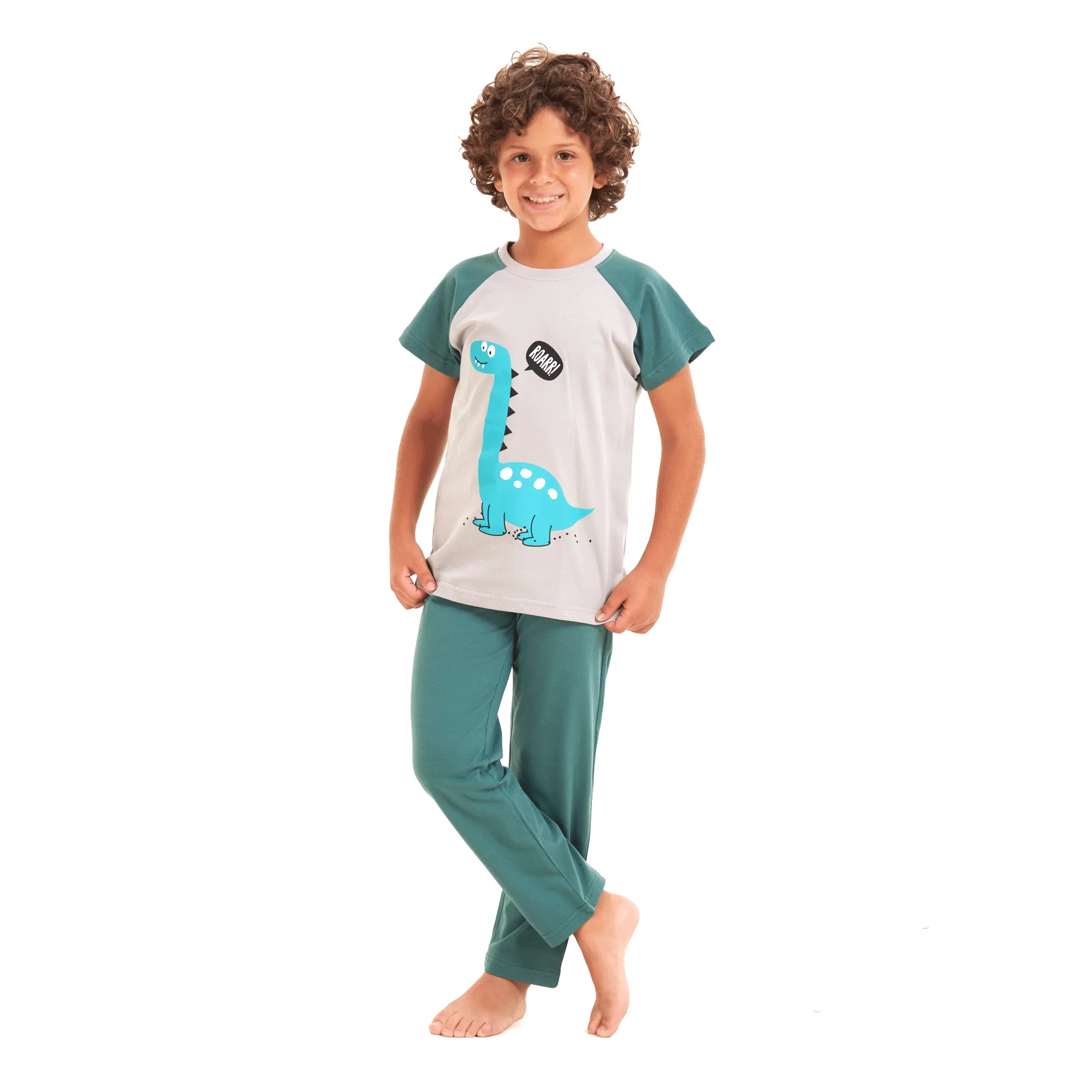 Boys summer pajama set Light blue dinasour t-shirt  Green pants