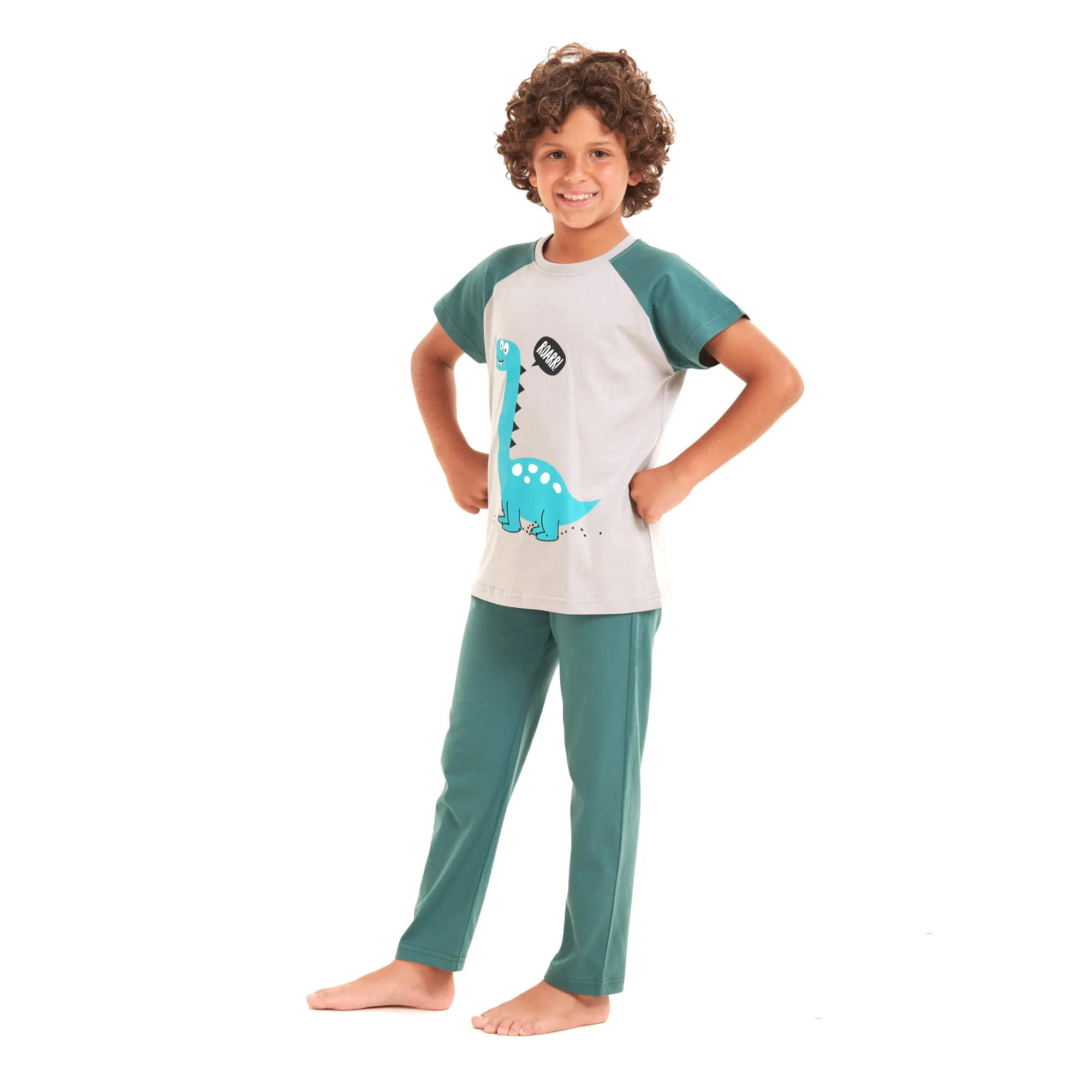 Boys summer pajama set Light blue dinasour t-shirt  Green pants