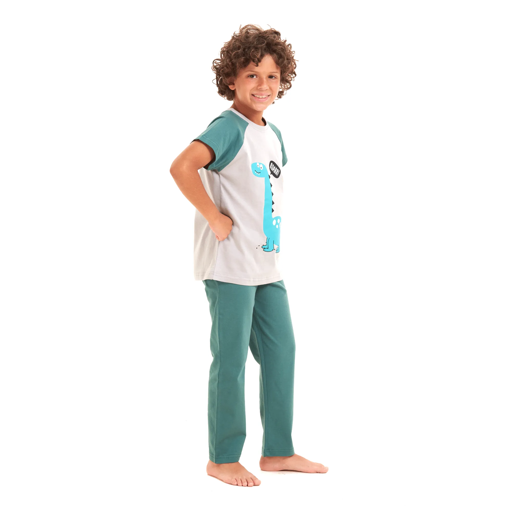 Boys summer pajama set Light blue dinasour t-shirt  Green pants