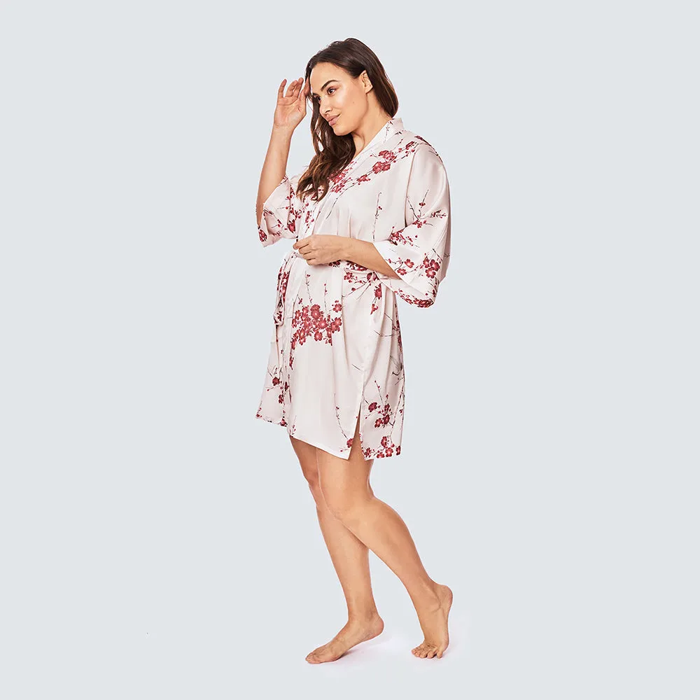 Cherry Blossom & Crane Short Kimono Robe (Plus Size)