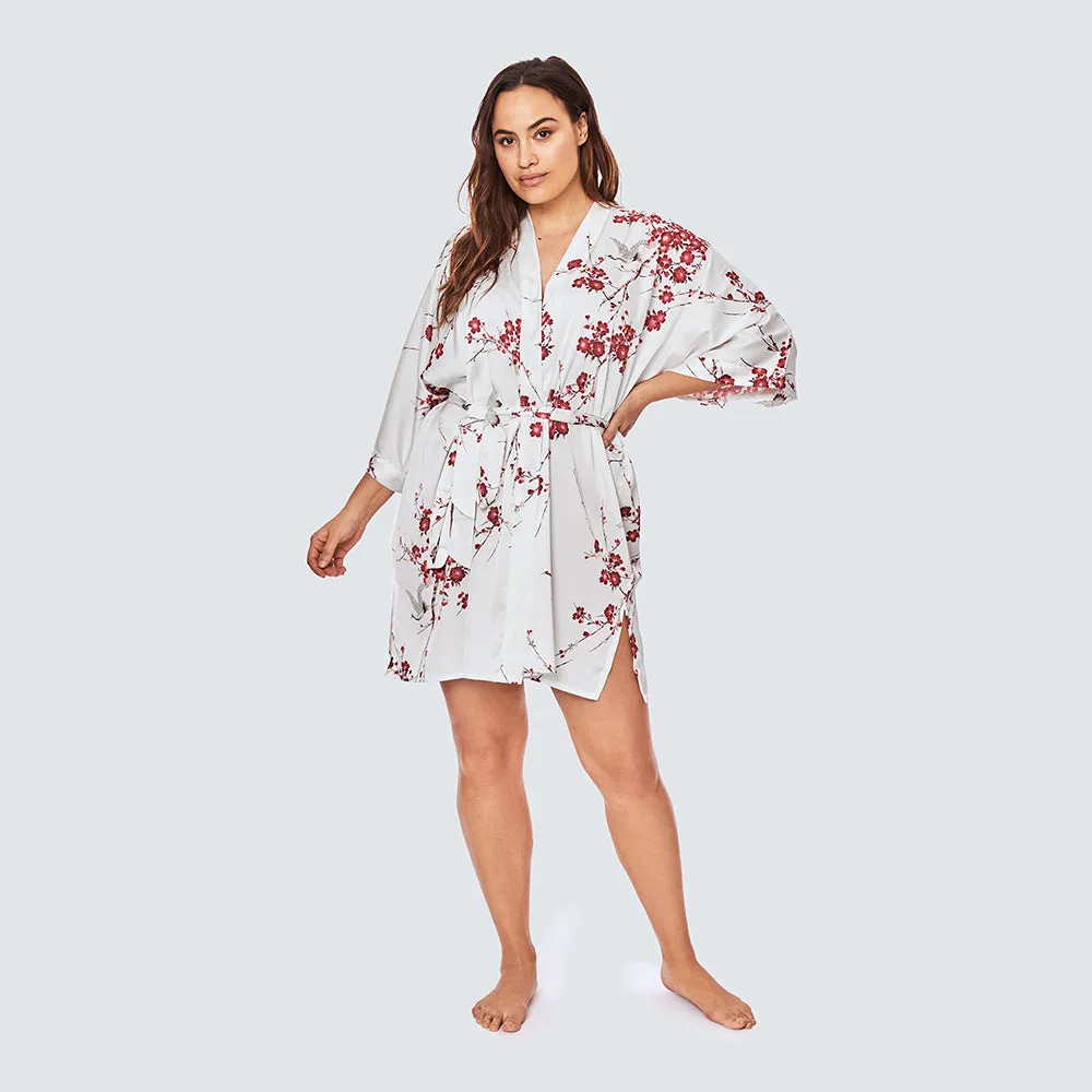 Cherry Blossom & Crane Short Kimono Robe (Plus Size)