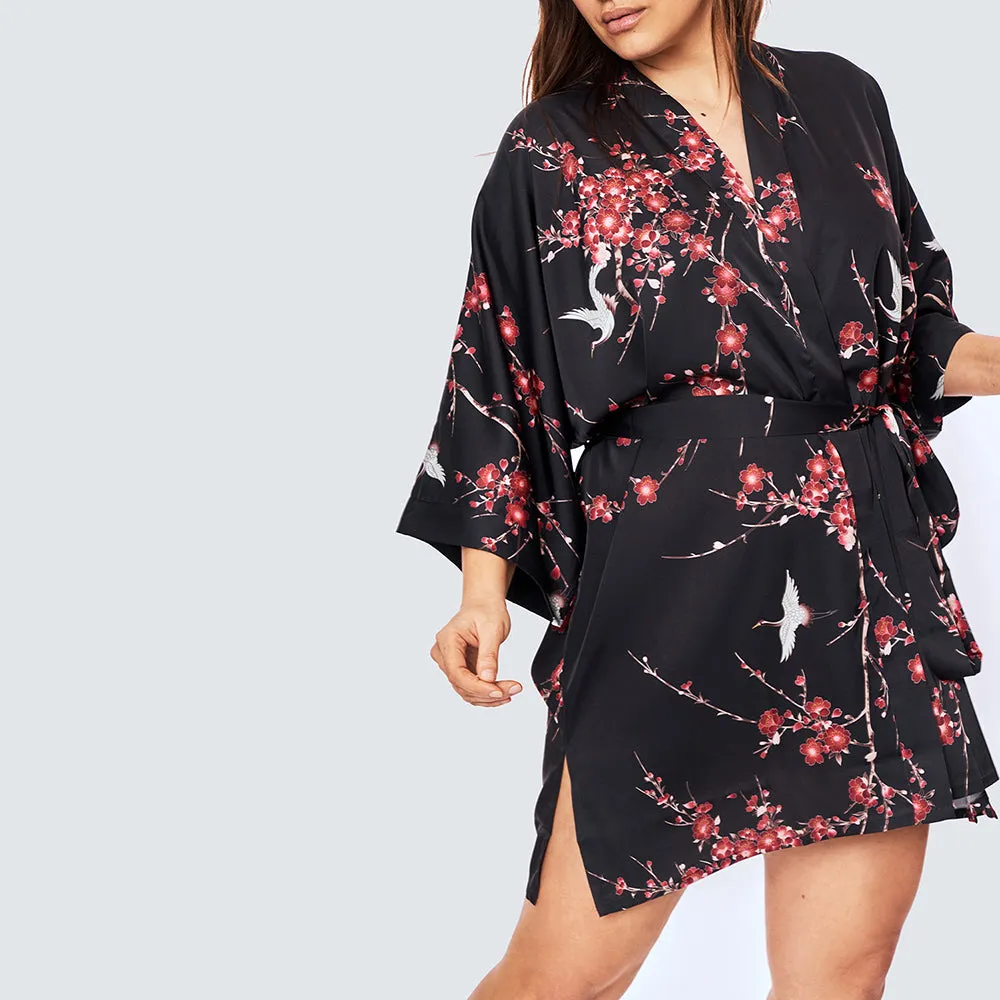 Cherry Blossom & Crane Short Kimono Robe (Plus Size)