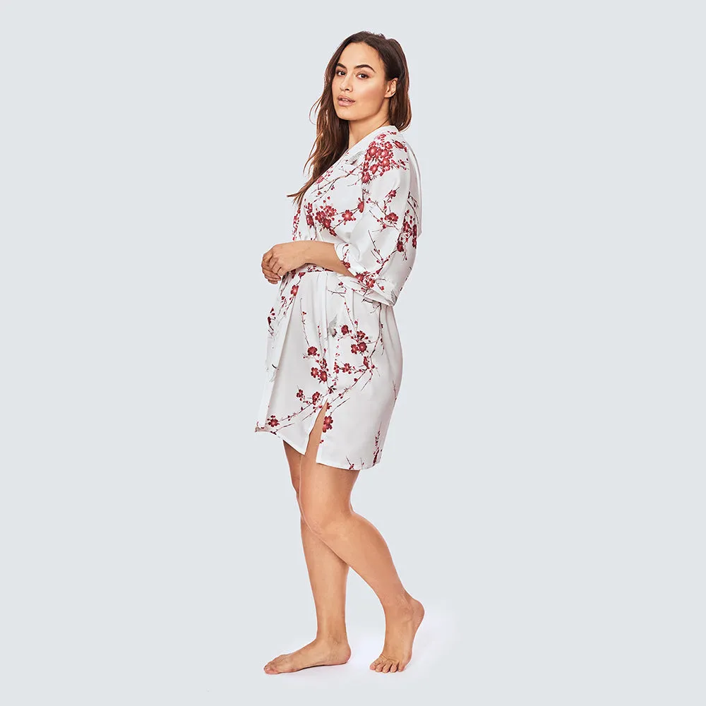 Cherry Blossom & Crane Short Kimono Robe (Plus Size)