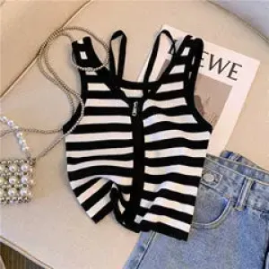 Chic Black&White Striped Zipped Vest