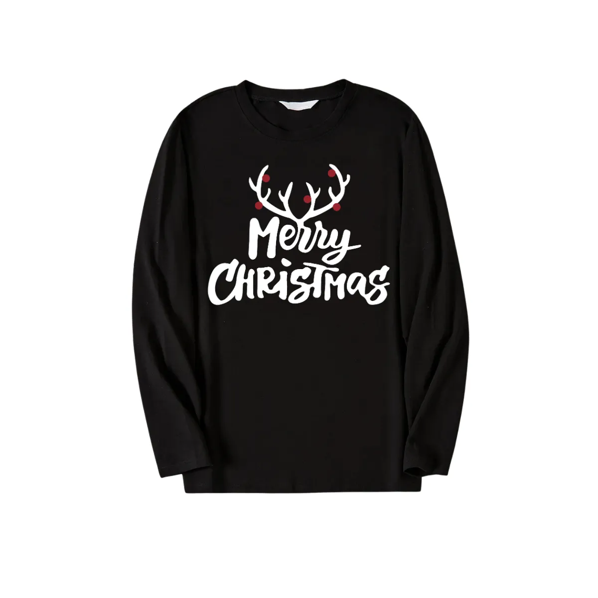 Christmas Antlers and Merry Christmas Print Black Long Sleeve Top with Blue & Black Plaid Family Matching Pajamas