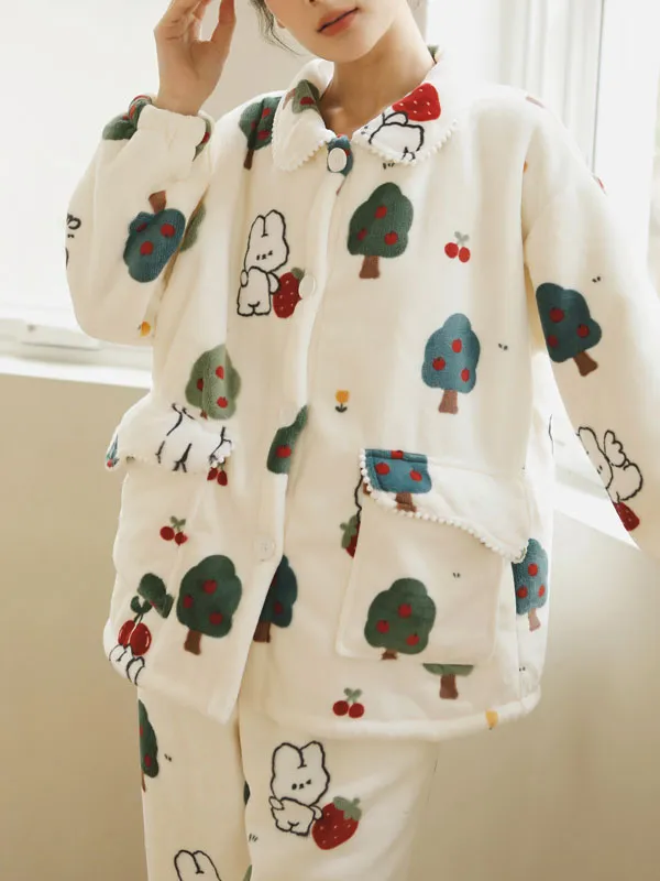 Christmas Rabbits & Trees Printed Flannel Pajamas