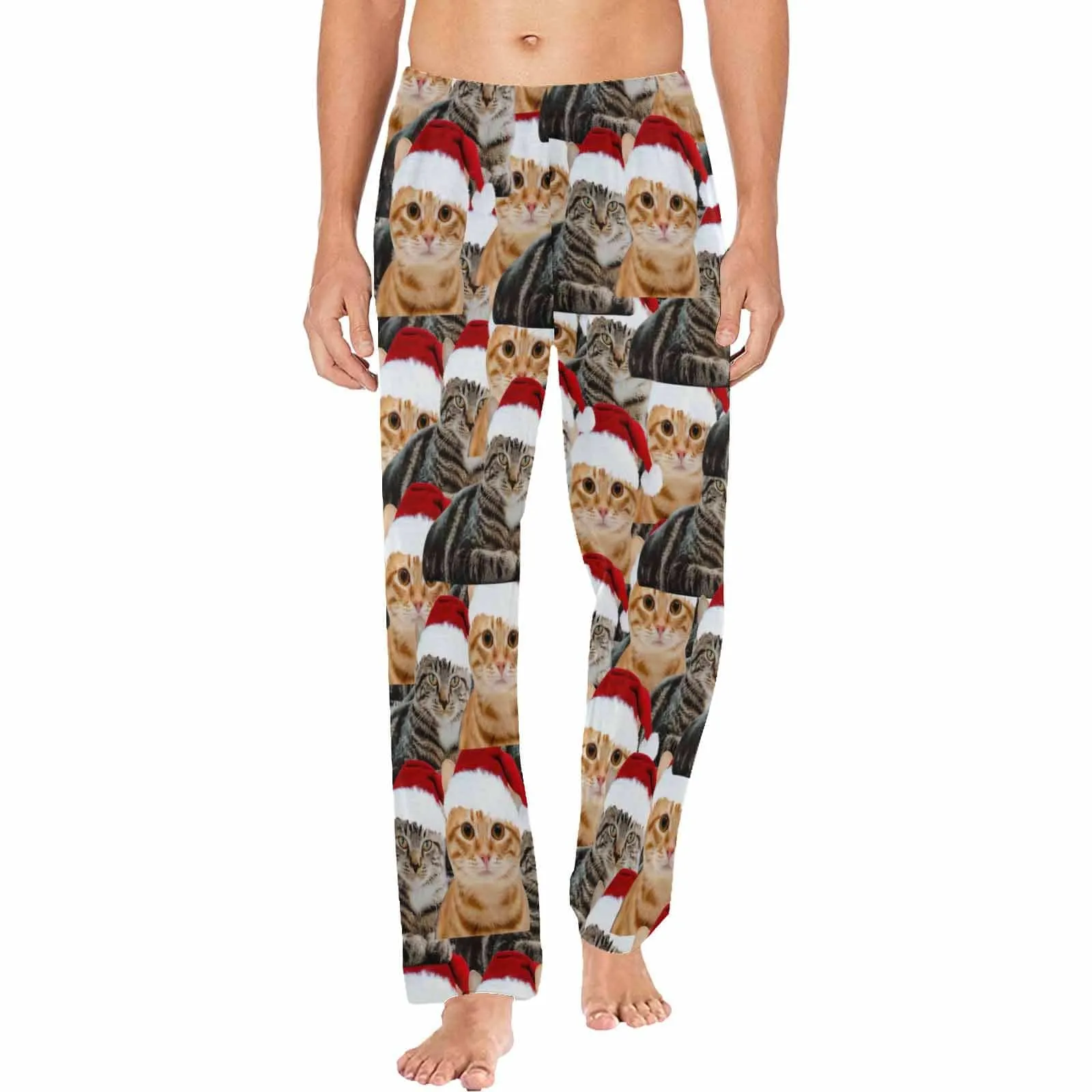 Custom Face Pet Cat Christmas Red Hat Sleepwear Personalized Women's&Men's Slumber Party Long Pajama Pants