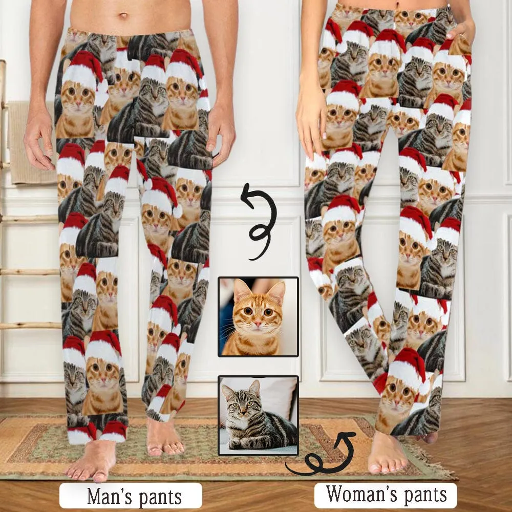 Custom Face Pet Cat Christmas Red Hat Sleepwear Personalized Women's&Men's Slumber Party Long Pajama Pants