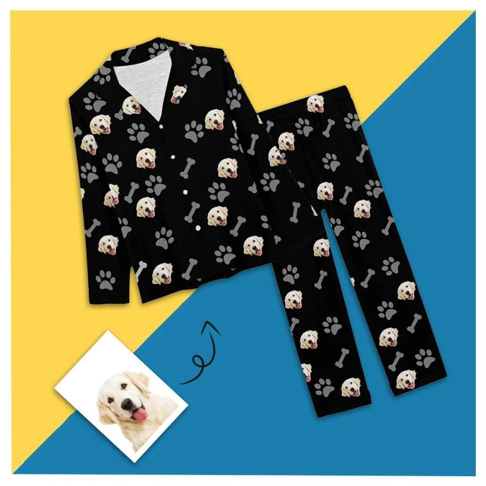 Custom Pet Face Pajamas Dog Paw Black Background Sleepwear Personalized Women's Long Pajama Set