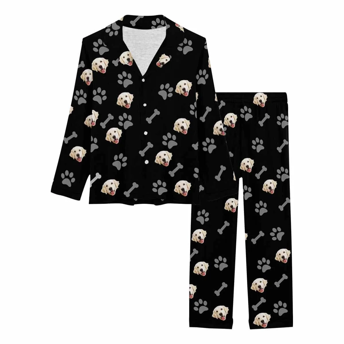 Custom Pet Face Pajamas Dog Paw Black Background Sleepwear Personalized Women's Long Pajama Set