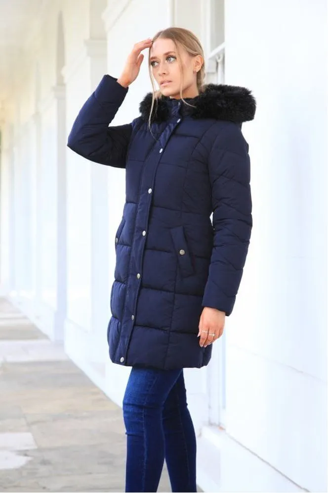 Double Second Navy Long Puffer With Fur Collar