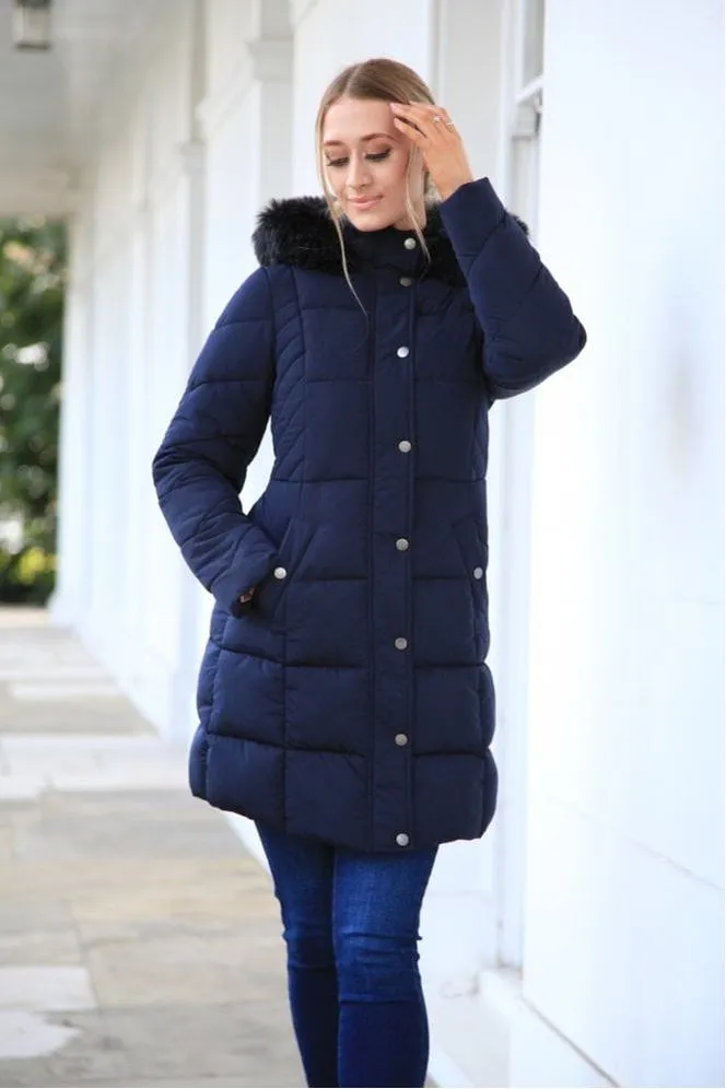 Double Second Navy Long Puffer With Fur Collar