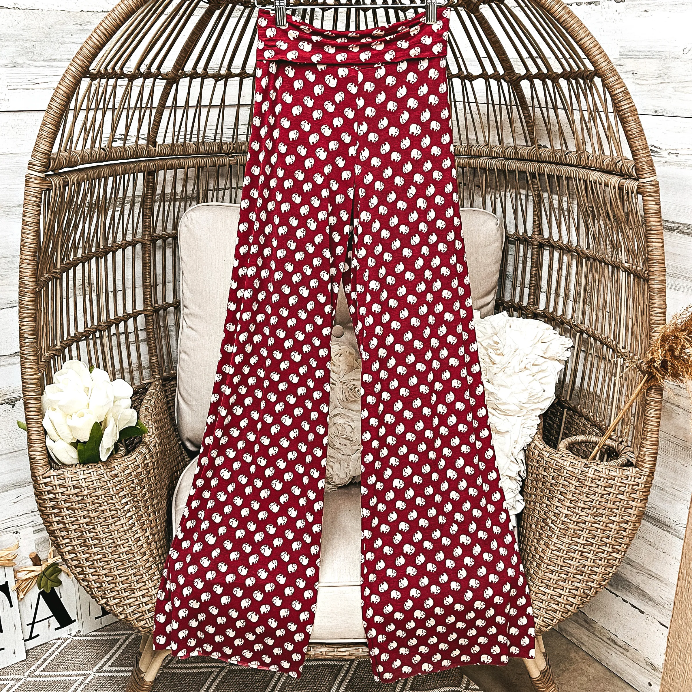 Elephant Print Wide Leg Pants in Maroon and White