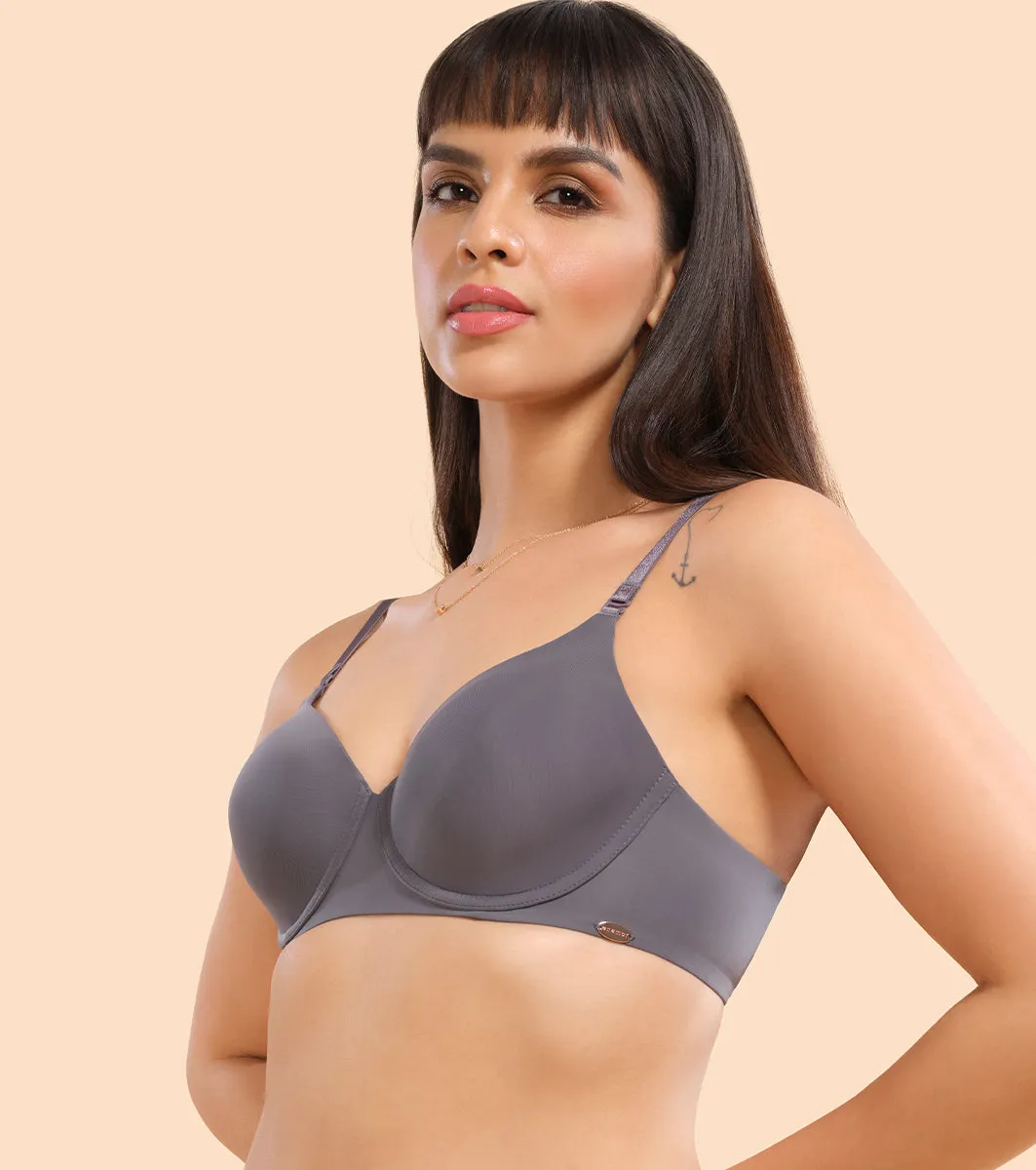 Enamor Dope Dye F057 Eco-Friendly T-shirt Bra for Women with Crush-Proof Cups- High Coverage, Padded And Wired - Ink Grey