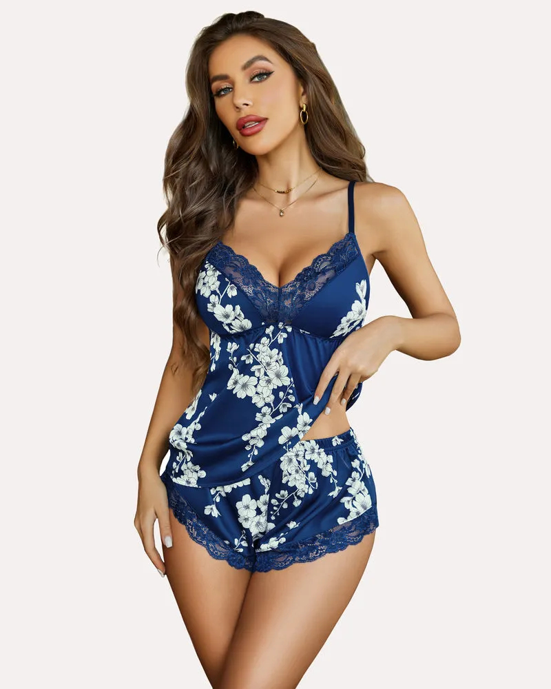 Floral Print Lace Satin Pajamas Set