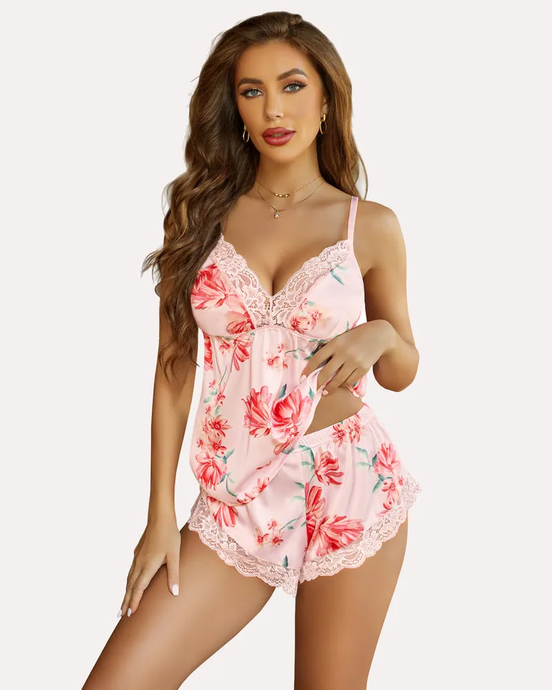 Floral Print Lace Satin Pajamas Set