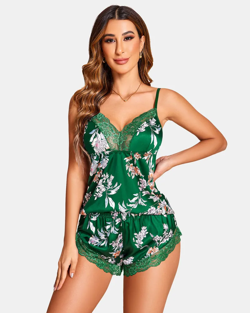 Floral Print Lace Satin Pajamas Set