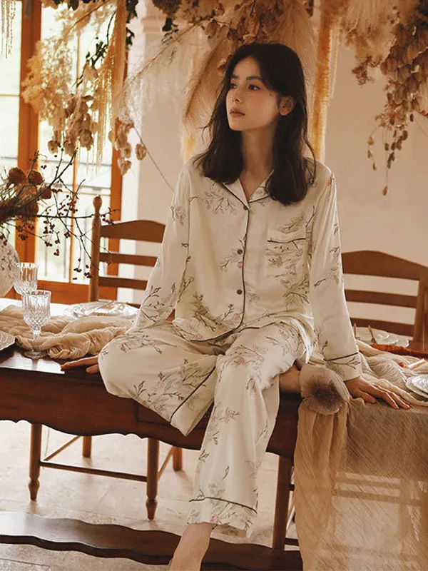 Flower Print Lapel Long Sleeve Pajama Set