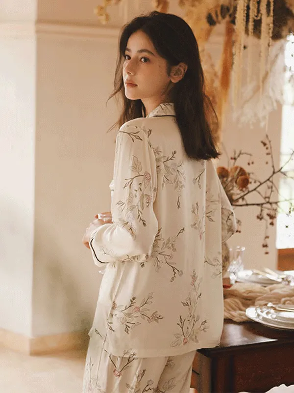 Flower Print Lapel Long Sleeve Pajama Set