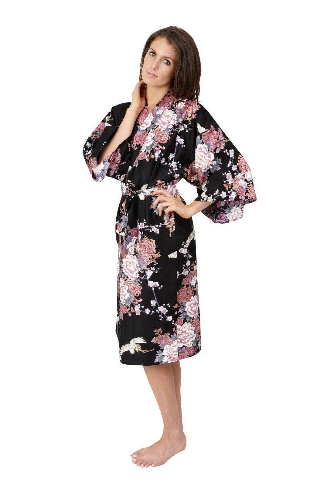 Flying Crane & Peony Short Cotton Happi Coat Kimono