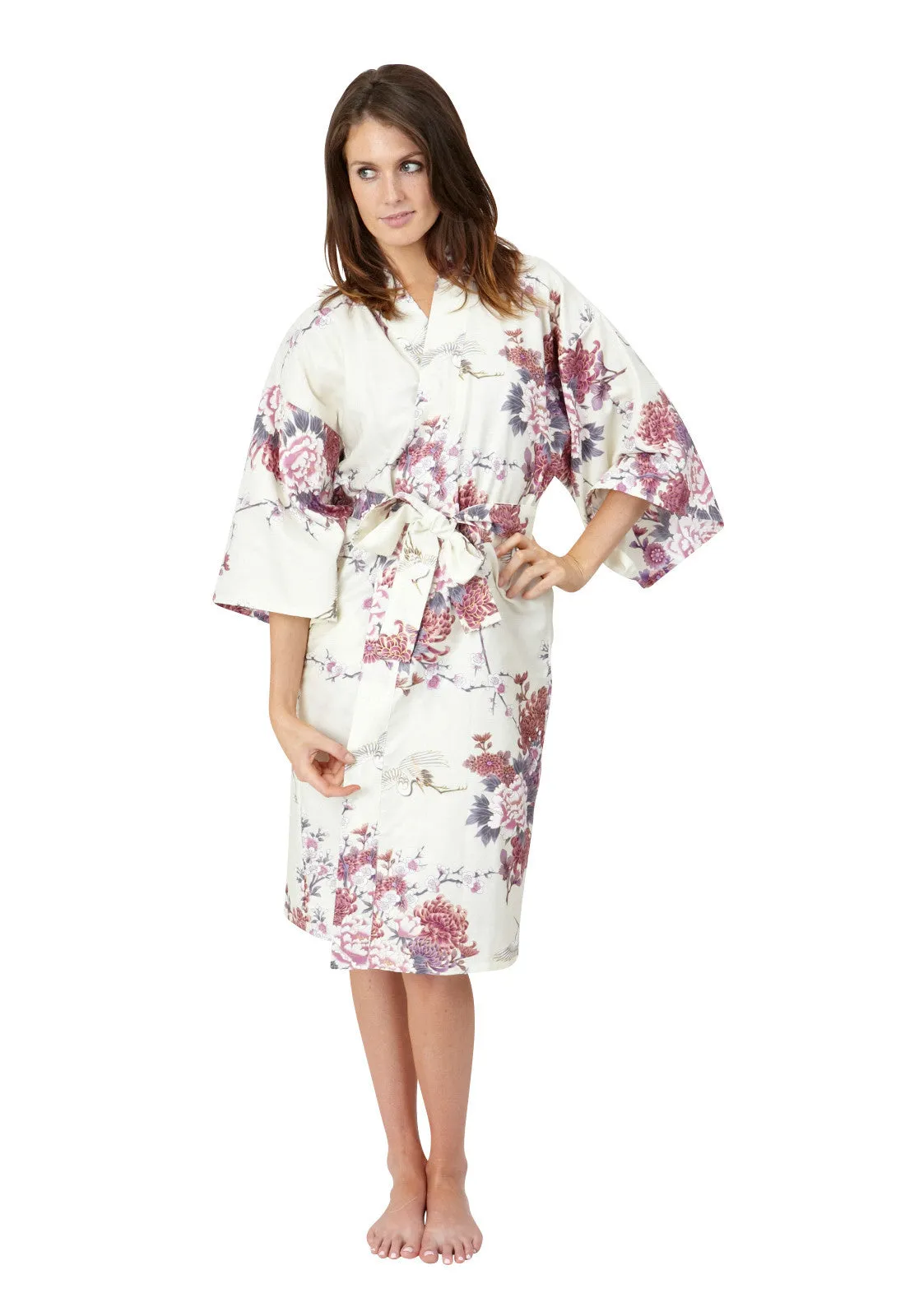 Flying Crane & Peony Short Cotton Happi Coat Kimono