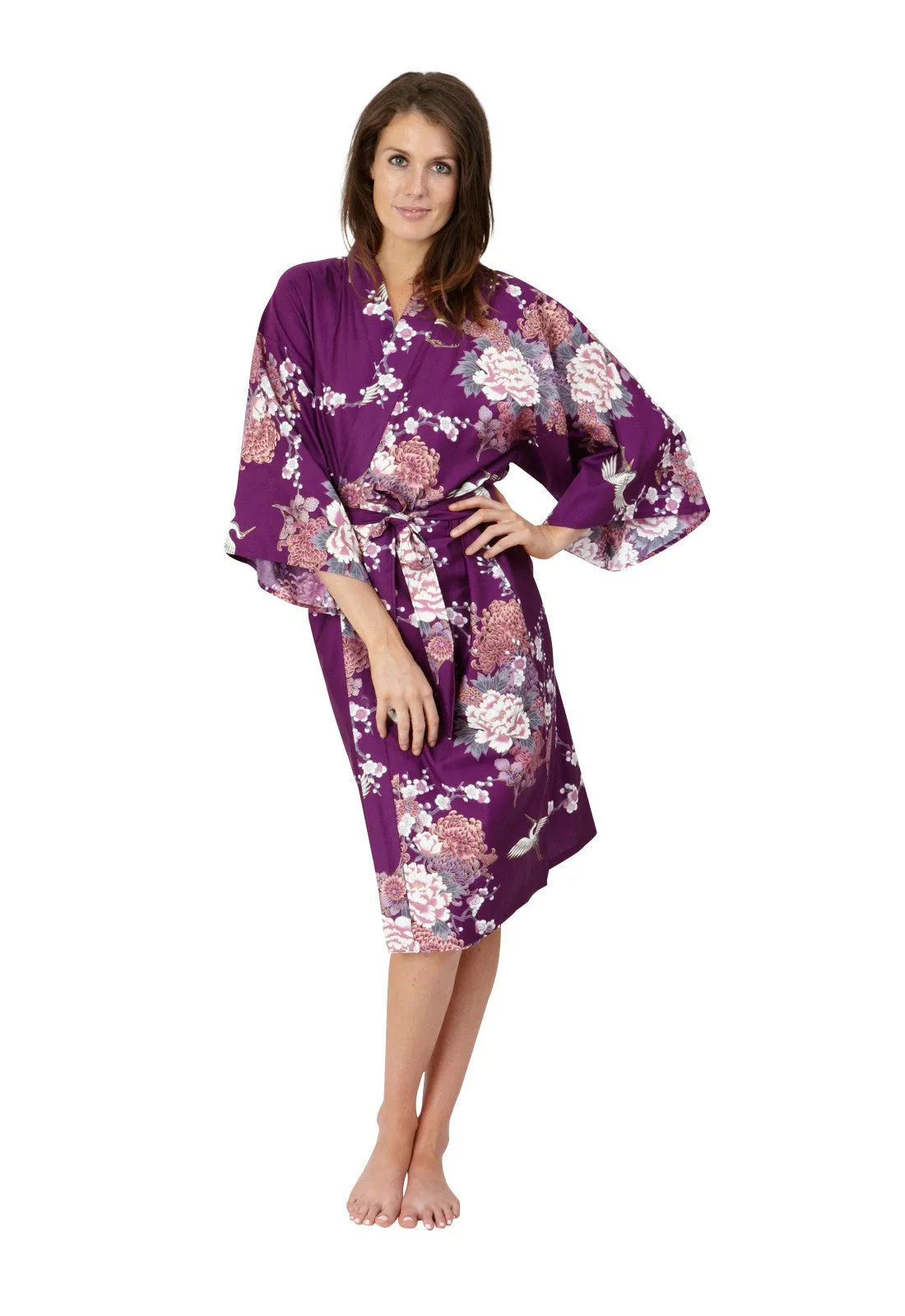 Flying Crane & Peony Short Cotton Happi Coat Kimono