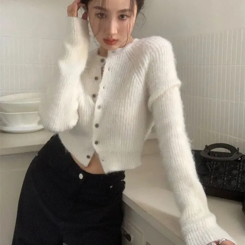 Girlary White Cropped Women Short Sweaters Harajuku Basic Long Sleeve Slim Cardigan Warm Autumn Korean Fashion Office Lady