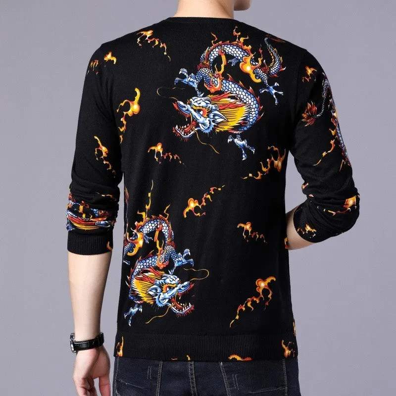 Gold Dragon with Fire Sparks Graph Print Men Pullover Shirt