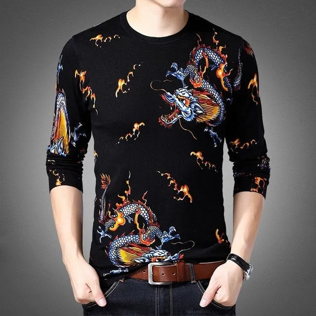 Gold Dragon with Fire Sparks Graph Print Men Pullover Shirt