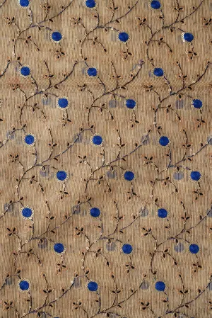 Gold Sequins With Royal Blue Color Thread Floral Embroidery On Beige Kota Doria Net Fabric