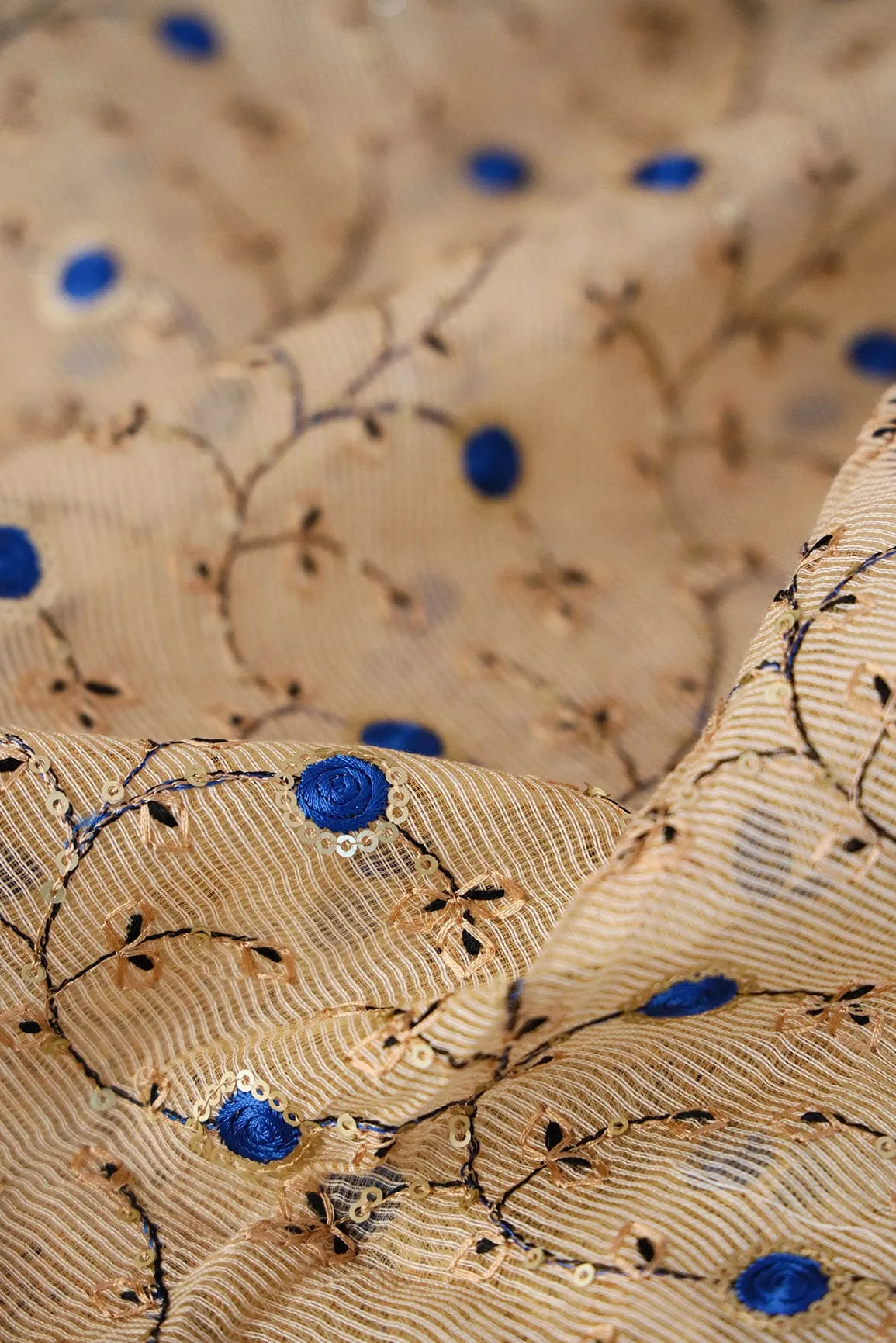 Gold Sequins With Royal Blue Color Thread Floral Embroidery On Beige Kota Doria Net Fabric