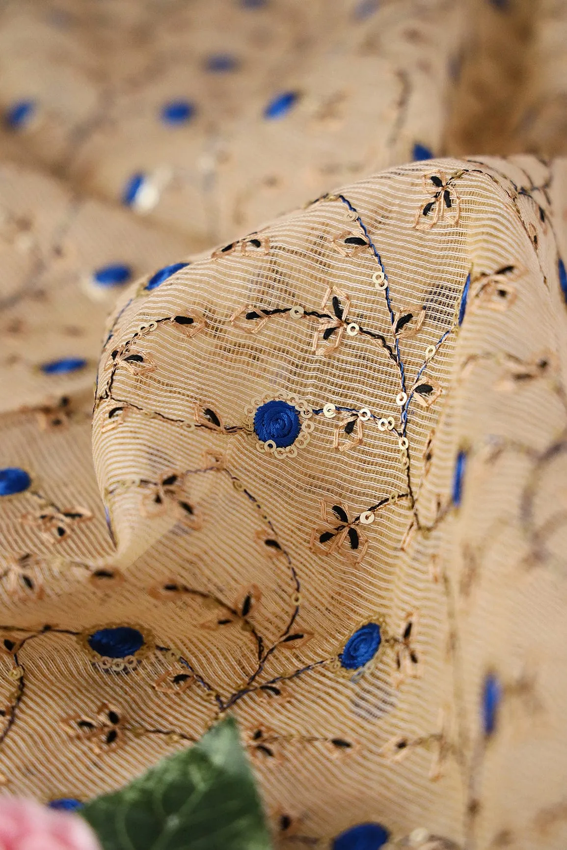 Gold Sequins With Royal Blue Color Thread Floral Embroidery On Beige Kota Doria Net Fabric