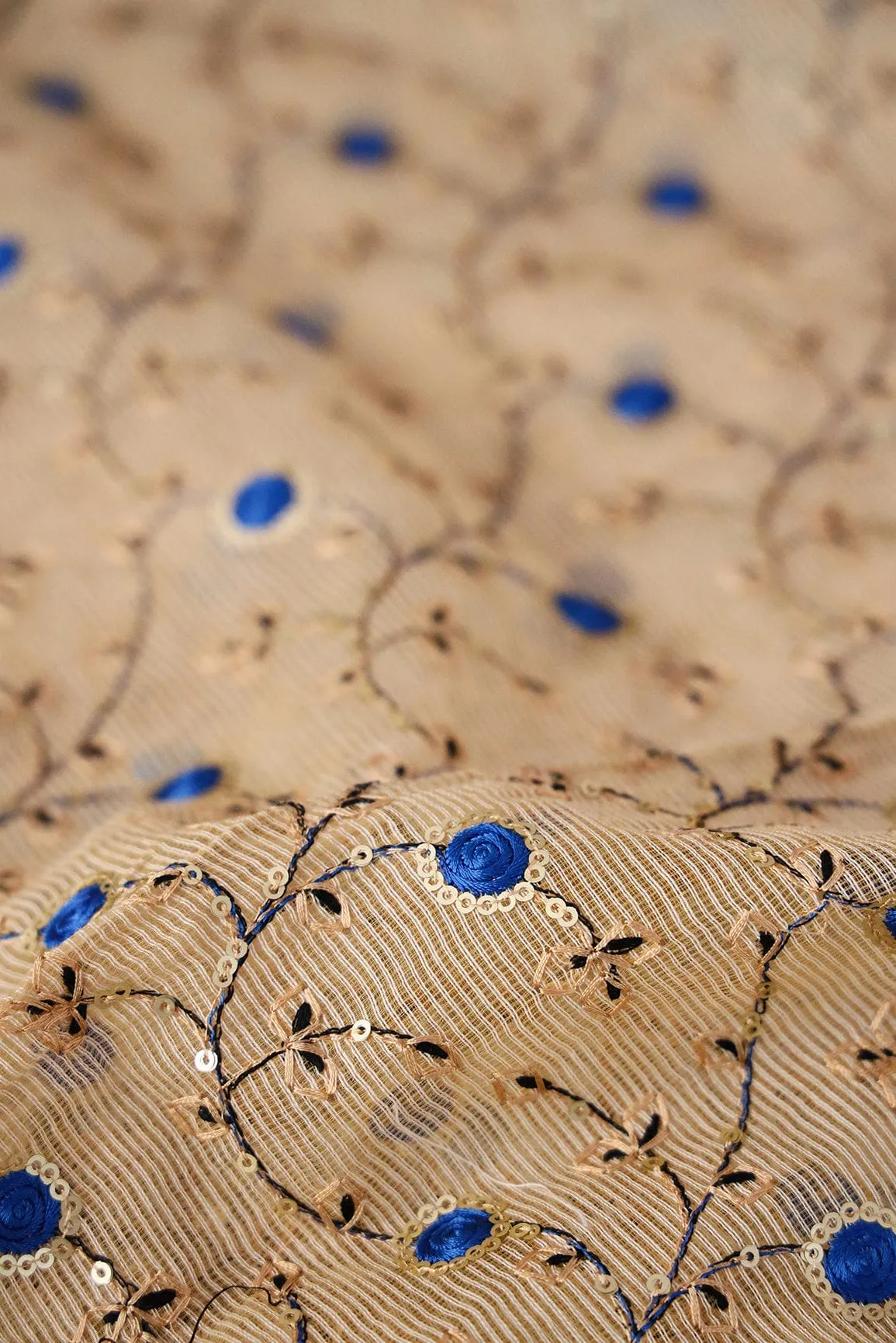 Gold Sequins With Royal Blue Color Thread Floral Embroidery On Beige Kota Doria Net Fabric