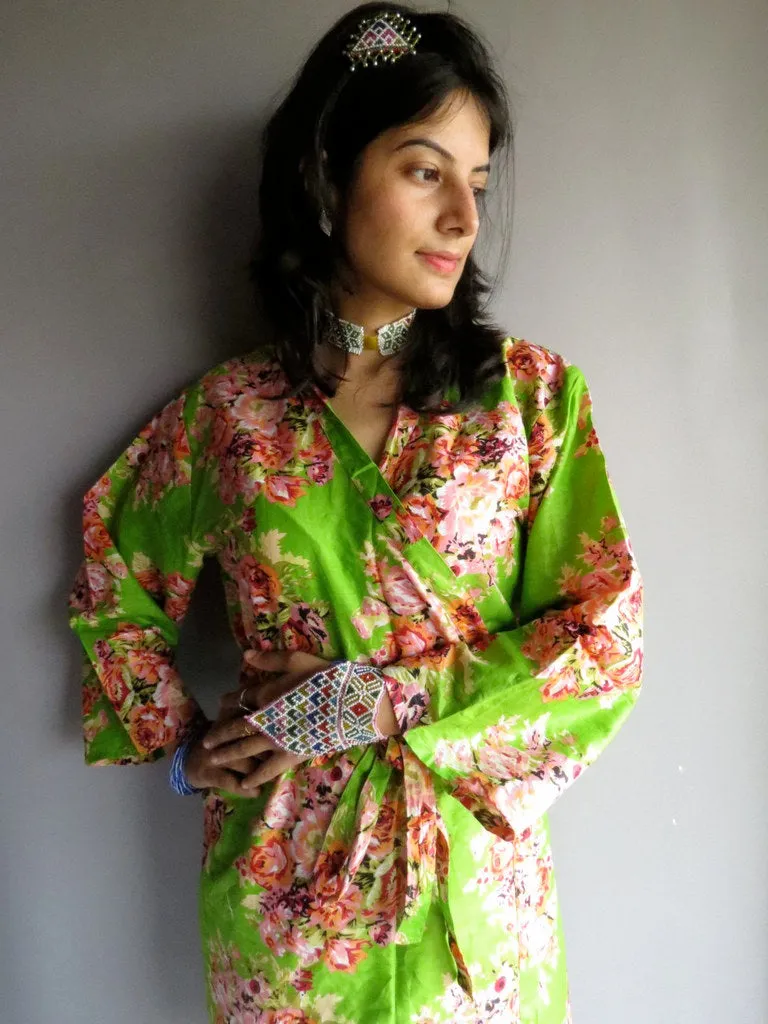 Green Floral Knee Length, Kimono Crossover Belted Robe-C10 fabric Code