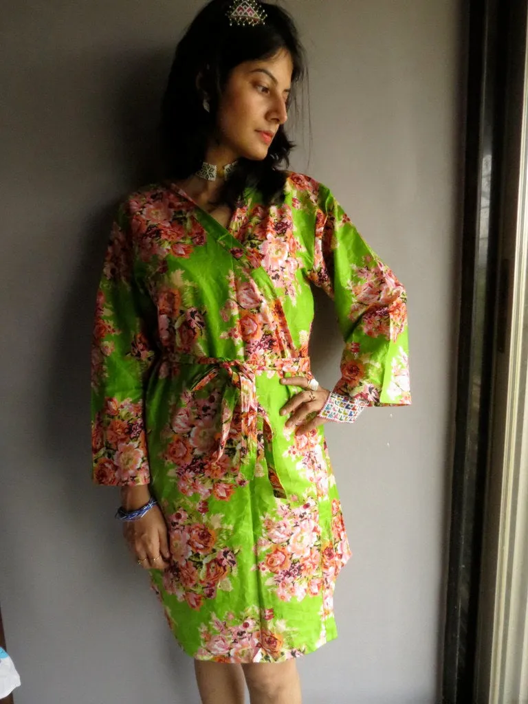 Green Floral Knee Length, Kimono Crossover Belted Robe-C10 fabric Code