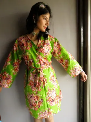 Green Floral Knee Length, Kimono Crossover Belted Robe-C10 fabric Code