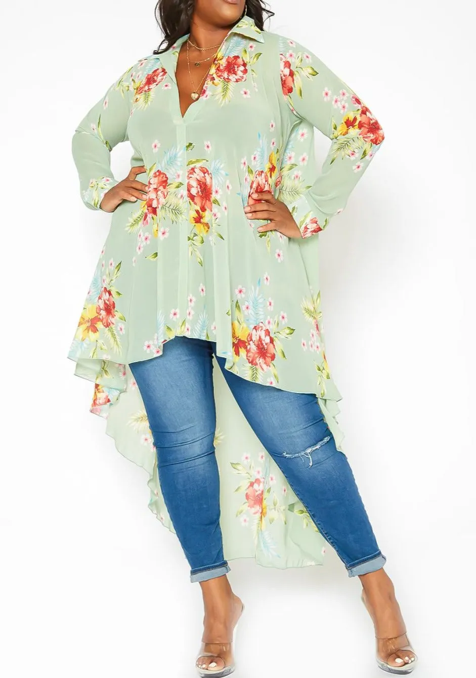 HI CURVY Plus Size Floral Print High Low Collar Cardigan