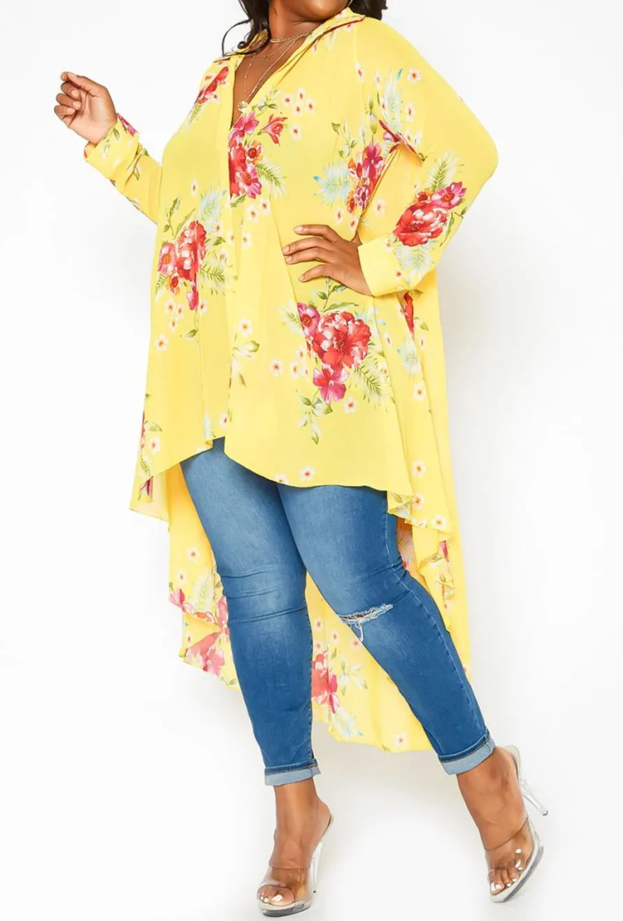 HI CURVY Plus Size Floral Print High Low Collar Cardigan