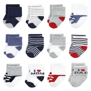 Hudson Baby Cotton Rich Newborn and Terry Socks, Mom  Dad Boy Navy Red