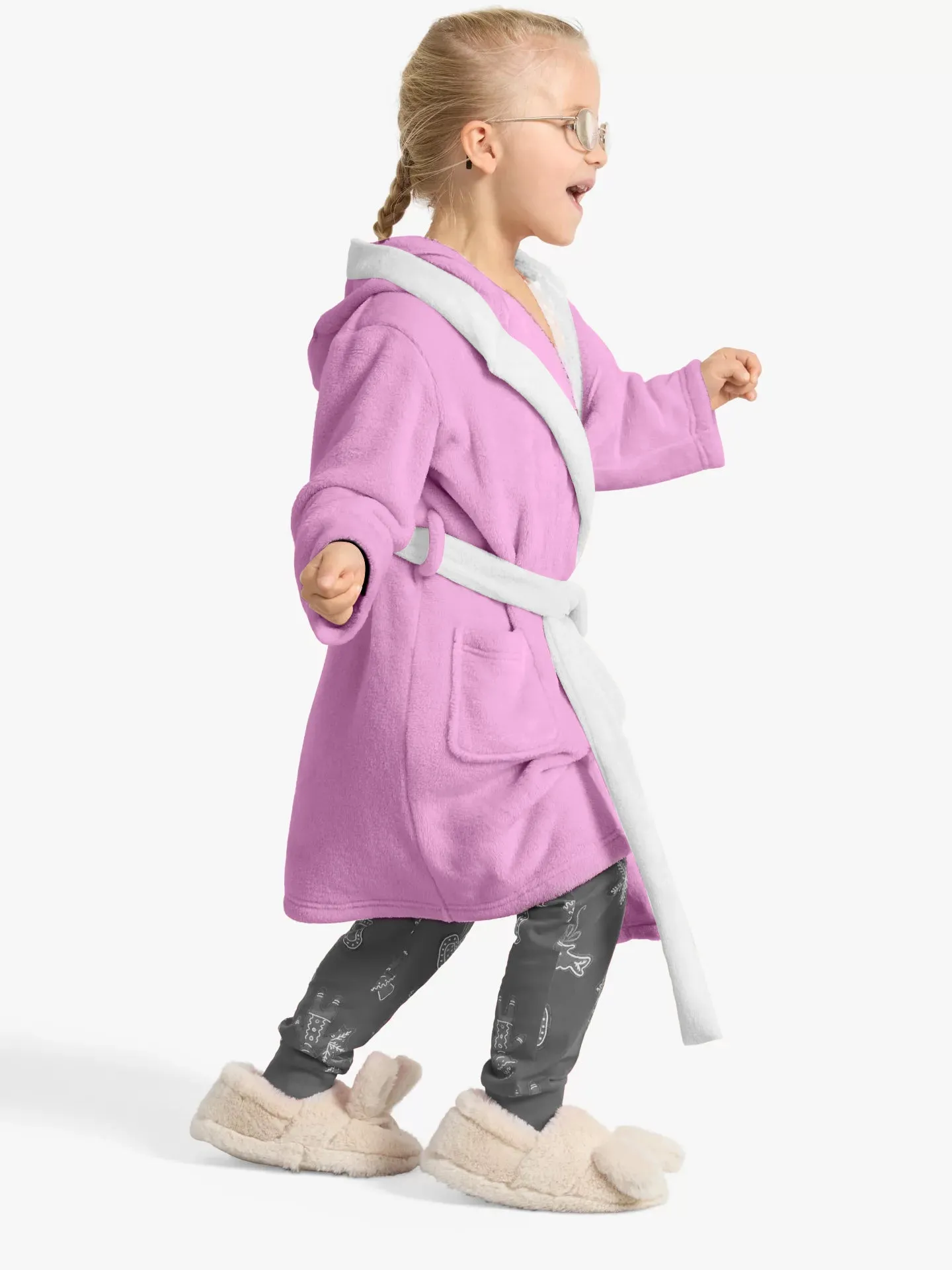 Kitty Embroidered Kids Bathrobe with Hood and Tie Up Belt - Pink