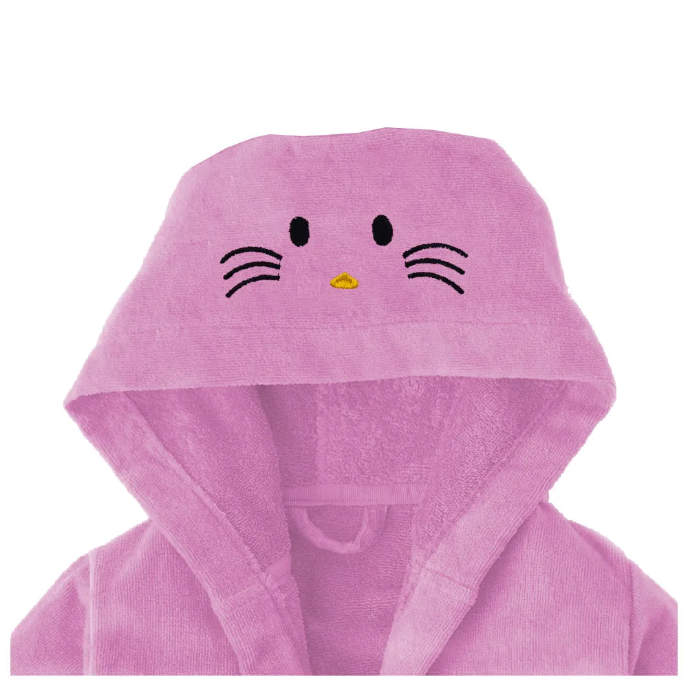 Kitty Embroidered Kids Bathrobe with Hood and Tie Up Belt - Pink