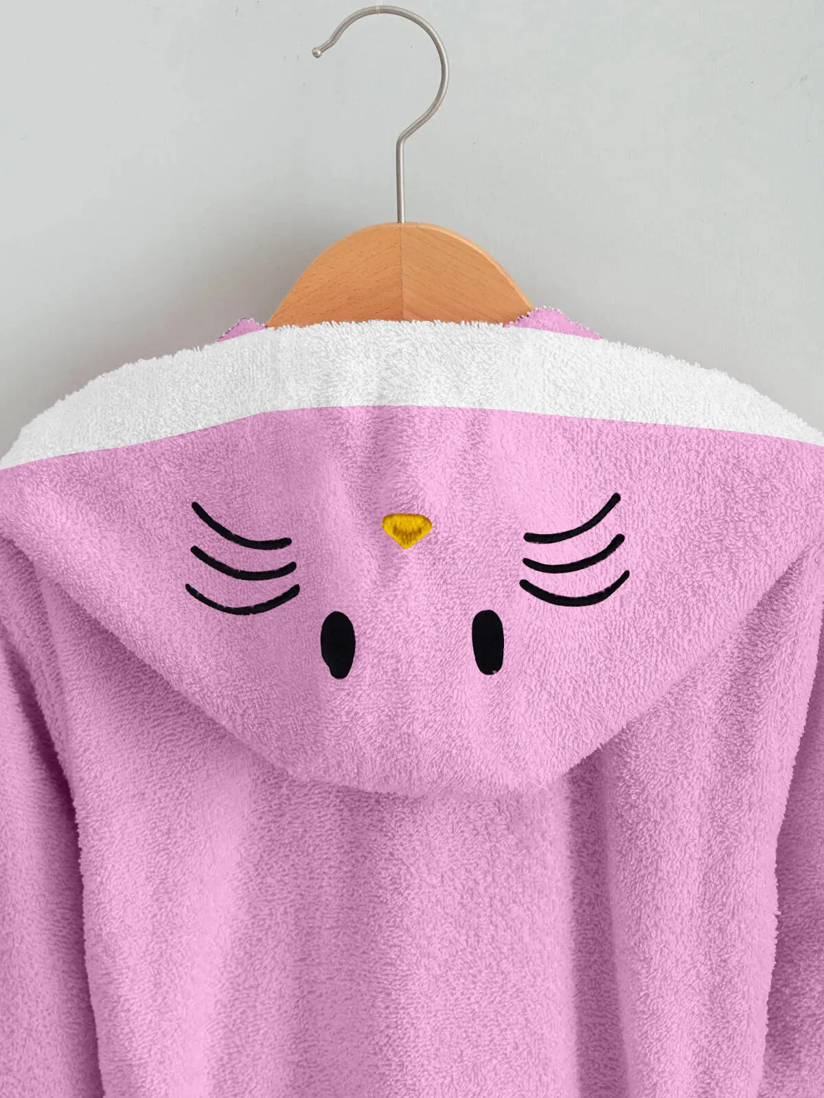 Kitty Embroidered Kids Bathrobe with Hood and Tie Up Belt - Pink