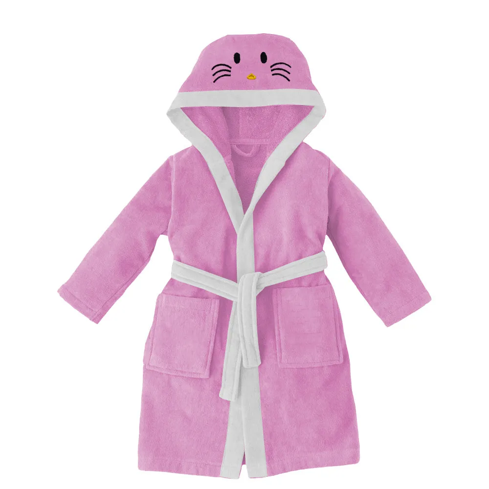 Kitty Embroidered Kids Bathrobe with Hood and Tie Up Belt - Pink